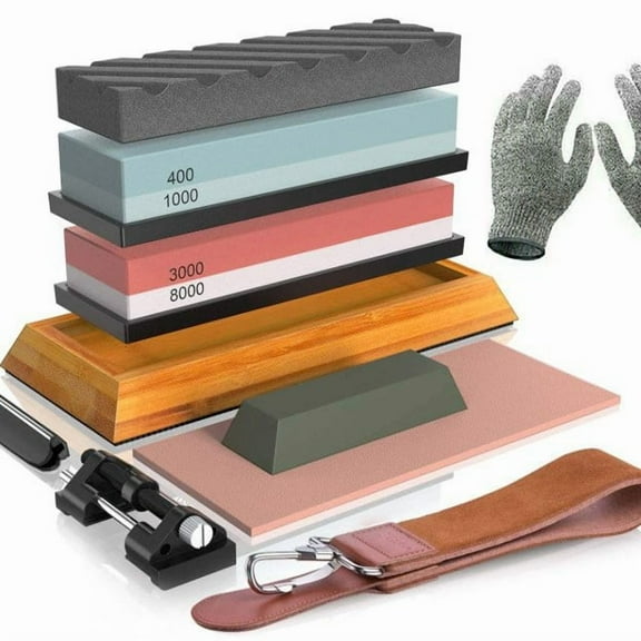 Knife Sharpening Stone Set - Premium 4 Side Grit 400/1000 3000/8000 Whetstone Sharpener Kit - Non-Slip Bamboo Base,Cut Resistant Gloves, Angle Guide,Flatting Stone,Honing Guide,Leather Strop