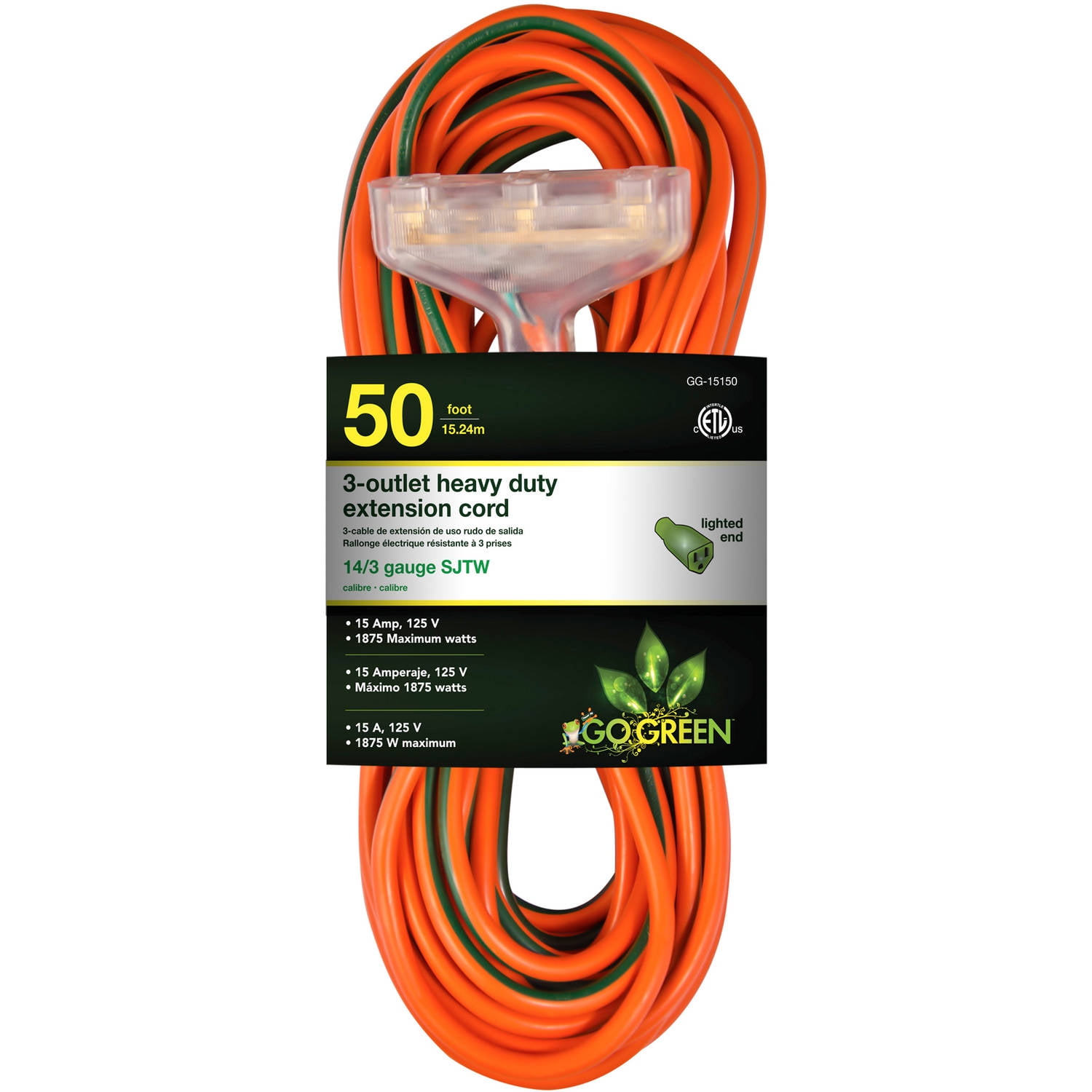 GoGreen Power 14 3 50' 15150 3-Outlet Heavy Duty Extension Cord, Lighted End by GoGreen Power