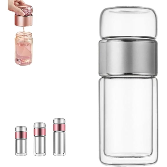 2025 New Glass Infuser, 3-in-1 smart tea infuser, Hot or Cold Ready, Flip & Brew Design, Double Layered Glass Tea Separation, for Blooming & Loose Leaf Tea (Silver, 420ml (14oz))