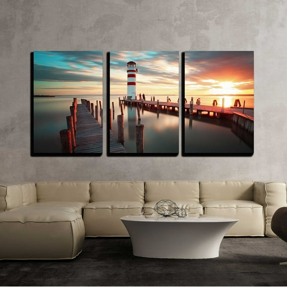 wall26 - 3 Piece Canvas Wall Art - Ocean Lighthouse - Modern Home Art Stretched and Framed Ready to Hang - 16"x24"x3 Panels