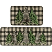 Merry Christmas Trees Kitchen Rugs Set of 2, Xmas Winter Welcome Buffalo Plaid Door Mat Anti-Slip Rubber for Home Kitchen - 17x29 and 17x47 Inch