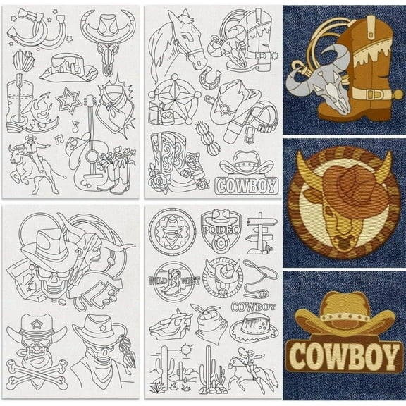 31Pcs Western Cowboy Embroidery Pattern Stabilizers 8.3"x11.7" Cowboy Water Soluble Stick and Stitch Embroidery Stickers 4 Sheets Vintage Hand Sewing DIY Embroidery Paper