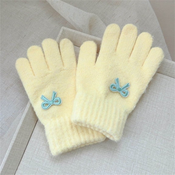 PInxai Gloves for Kids Solid Color Bow Tie Knitted Warm Stretchy Gloves Comfy Casual Outdoor Cold Weather Cute Gloves,Yellow,Free Size
