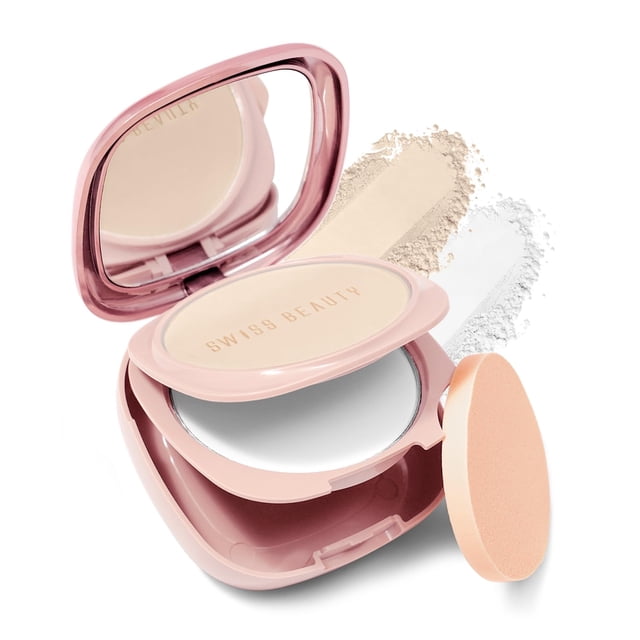 Swiss Beauty Duo Mat et Ensemble Léger Compact, 20 g (02 Beige) avec Poudre Compacte et Poudre Translucide dans un Étui Miroir Rose, Idéal pour Fixer le Fond de Teint et les Retouches. Comprend une Éponge Applicatrice et des Poudres dans des Tons Beige et Blanc, Parfait pour les Ensembles-Cadeaux de Maquillage.