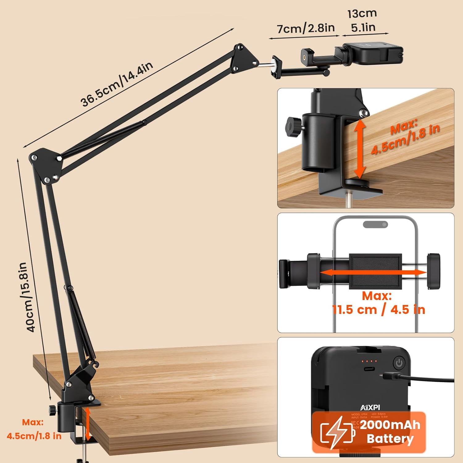 Overhead Phone Mount with LED Selfie Light and Bluetooth Remote, Rechargeable Ring Light Tripod Stand with Flexible Boom Arm, Desk Phone Holder for Video Recording, Live Streaming, TikTok,