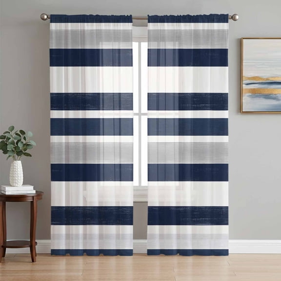 Navy Blue White Striped Semi Sheer Window Curtains 72 Inches Long, Grey Farmhouse Stripe Abstract Art Rod Pocket Voile Silky Chiffon Curtain Light Filtering Drapes for Living Room, 52"x72", 2 Panels