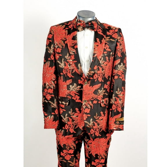 Mens 2 Button Black, Red, & Gold Foil Floral Paisley Prom and Wedding TuxedoBy Alberto Nardoni Brand Designer