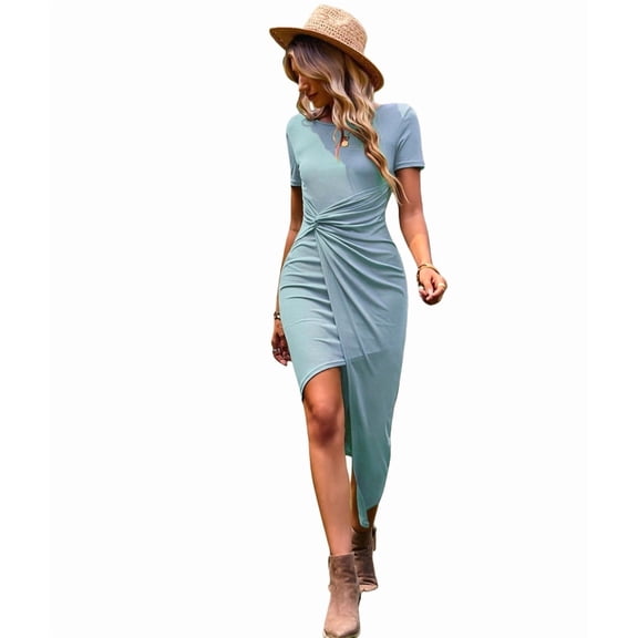 Women Summer Maxi Tshirt Dress Short Sleeve Crewneck Tie Waist Casual Fit Slit Spring Long Beach Dresses Light Blue M