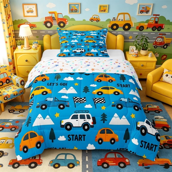 Castle Fairy Playful Race Car Twin Comforter Sets 3-Piece for Kids, Checkered Flag Bedding Set for Modern Room, Bright Blue