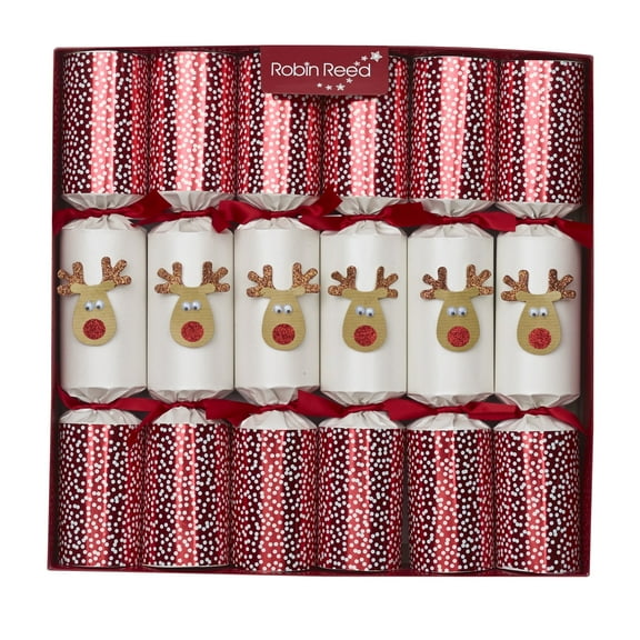 Robin Reed 72007 Racing Reindeer Christmas Crackers – Box of 6 Handmade 13" Party Crackers with Wind-Up Toys, Hats & Jokes