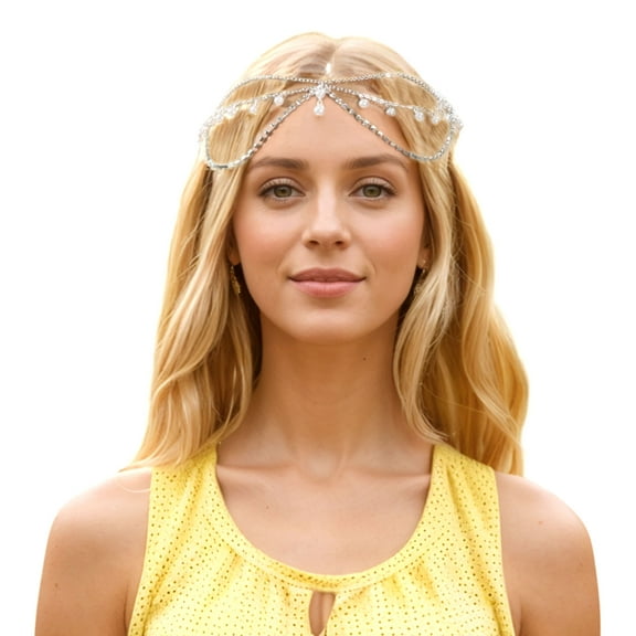 Unique Bargains 1 Pc Headpiece Multi-layered Rhinestone Faux Pearls Head Chain Silver Tone