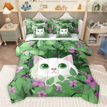 Homewish Kawaii Garden Cat Bedding Comforter Set 7pcs, Cartoon Kitten Animal Queen Bedding Sets, Green Leaf Plant Reversible Queen Sheet Sets, Super Cozy Room Decor