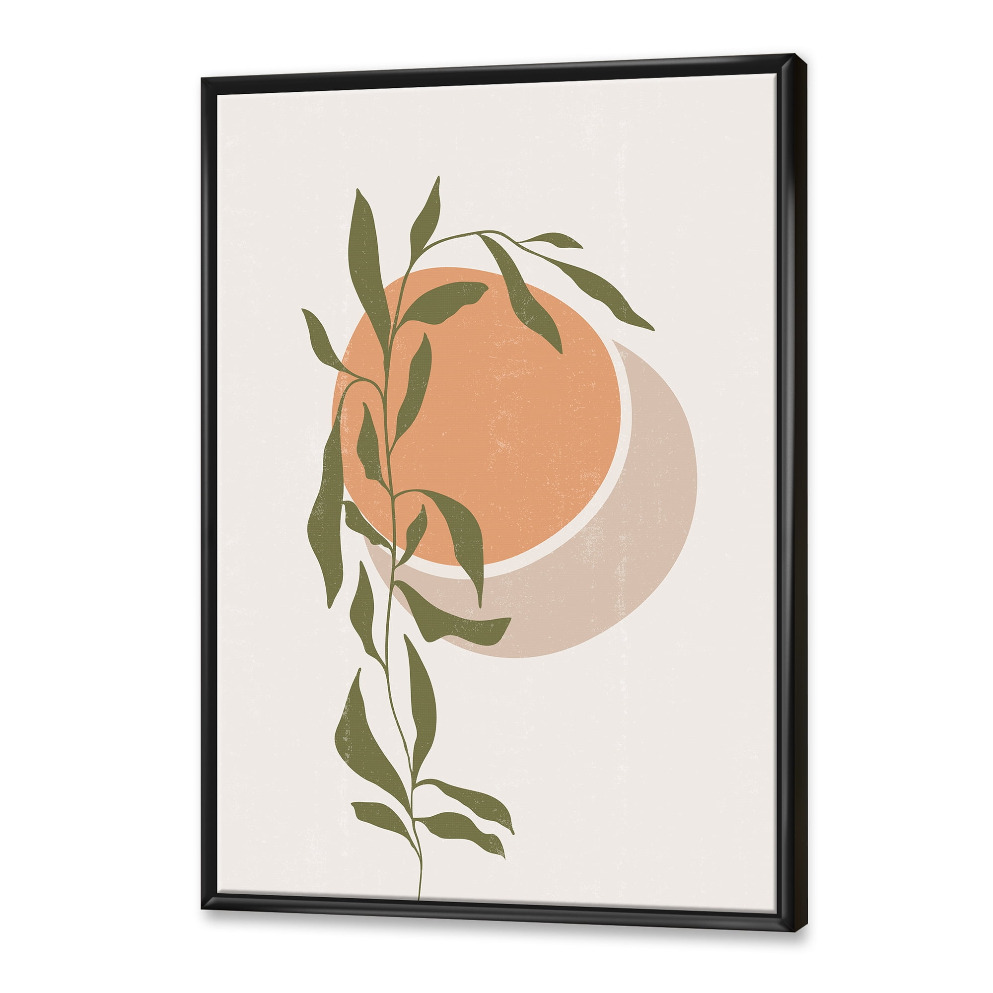 Designart 'Abstract Orange Moon and Sun With Tropical Leaf' Modern Framed Canvas Wall Art Print