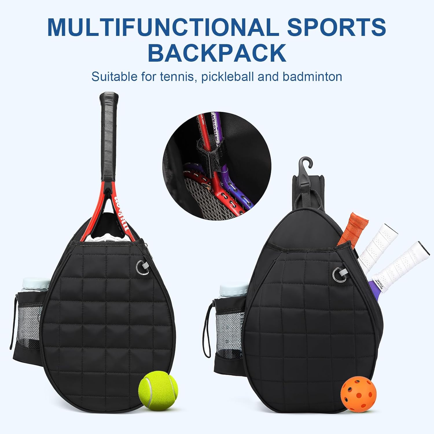 Quilted Tennis Backpack for 2 Rackets, Sleek Waterproof Sling Bag with Security Pocket for Tennis, Pickleball & Padel, Crossbody Sport Bag for Men & Women