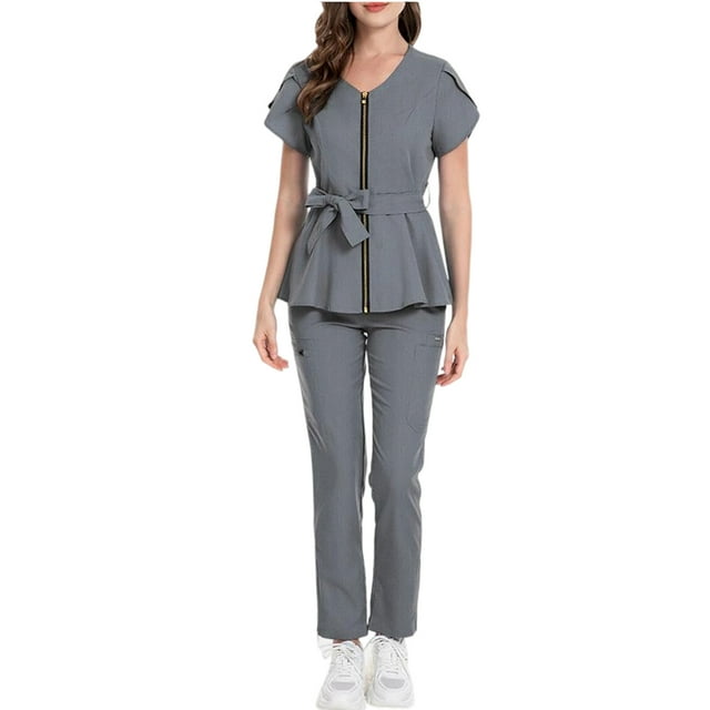Ensemble de Costume pour Femmes Confortable et Décontracté Couleur Unie Manches Courtes Pantalon Ensemble de Protection Gris TP