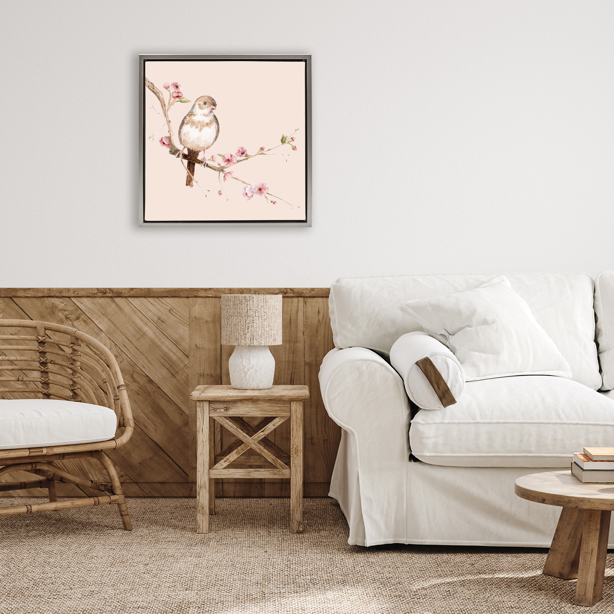 Sweetest Brown Bird Gray Framed Floater Canvas Wall Art, design by Lisa Wehmeyer