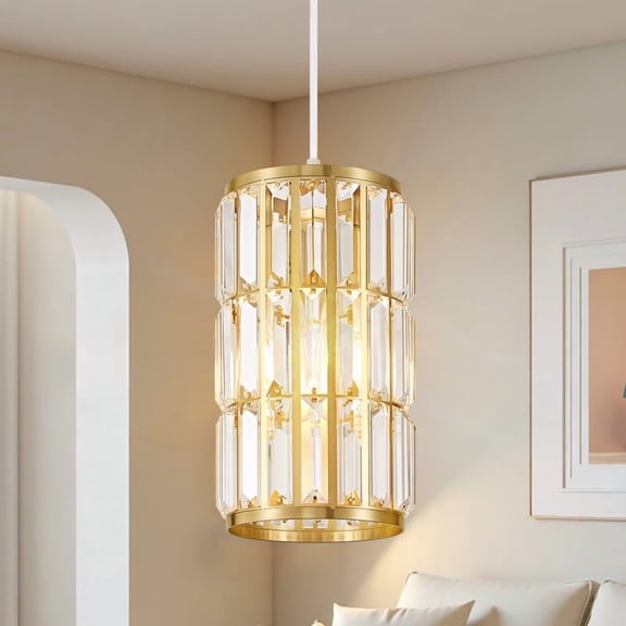 Deyidn Adjustable Crystal Pendant Light, 4.76 Inch Modern Gold Ceiling Fixture for Kitchen Island, Dining Room & Entryway