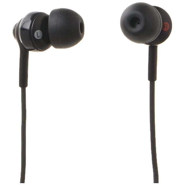 sony mdrex110ap - negro auriculares intrauditivos con cable tipo Y, vista frontal cercana de los dos cascos negros con puntas de silicona híbrida y marcaje L/R, cable plano con control deslizante, micrófono y mando multifunción integrado para llamadas y control de reproducción; a menudo usados para escuchar podcasts y audio en viaje.