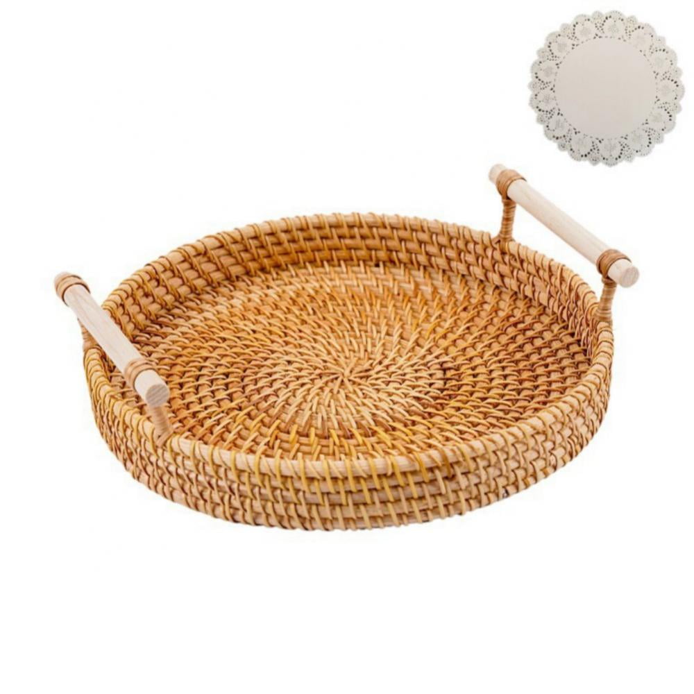 Hand Woven Wicker Rattan Storage Basket Round Bread Fruit Snack Tea Cup Tray 