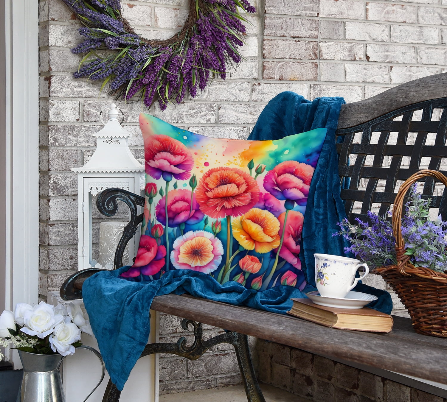 Colorful Carnations Fabric Decorative Pillow 18 in x 18 in