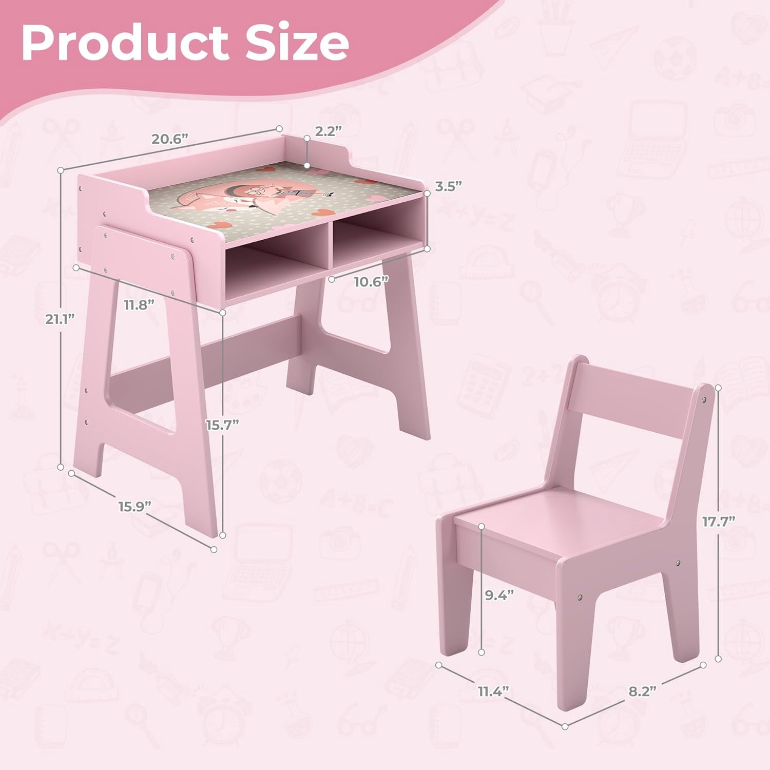 Toddler Table and Chair Set, Wooden Kids Desk and Chair Set, Pink Study Table and Chair Set for Girls, Kids Acitvity Table with Storage for Ages3-8, Toddler Desk and Chair for Bedroom/Nursery