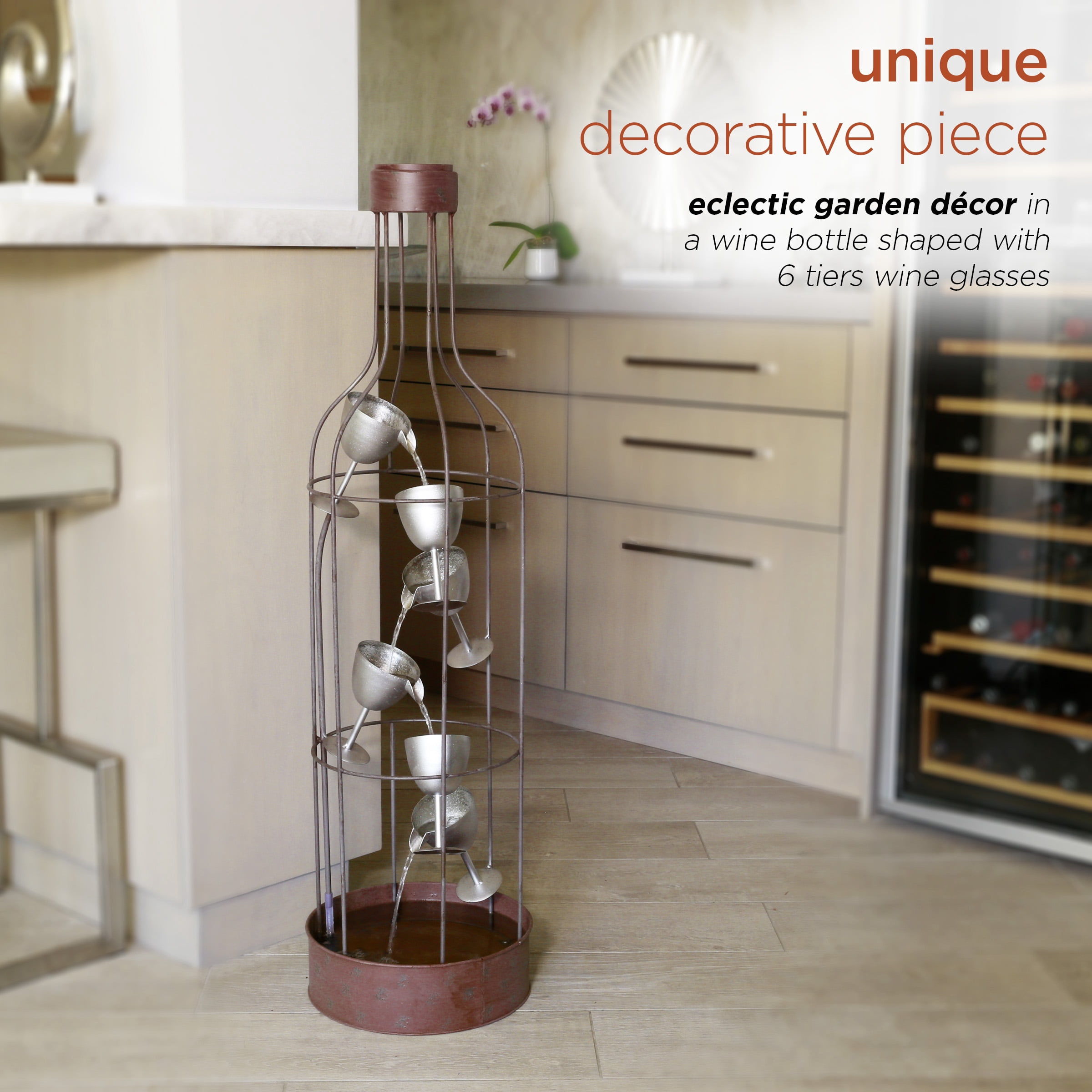 Alpine Corporation 44" Tall Indoor/Outdoor Bottle Shaped Water Fountain with Tiering Wine Glasses