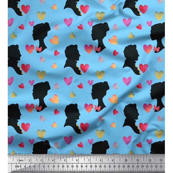 Soimoi Blue Poly Georgette Fabric Heart,Men & Women Face Human Figure Print Fabric by the Yard 42 Inch Wide