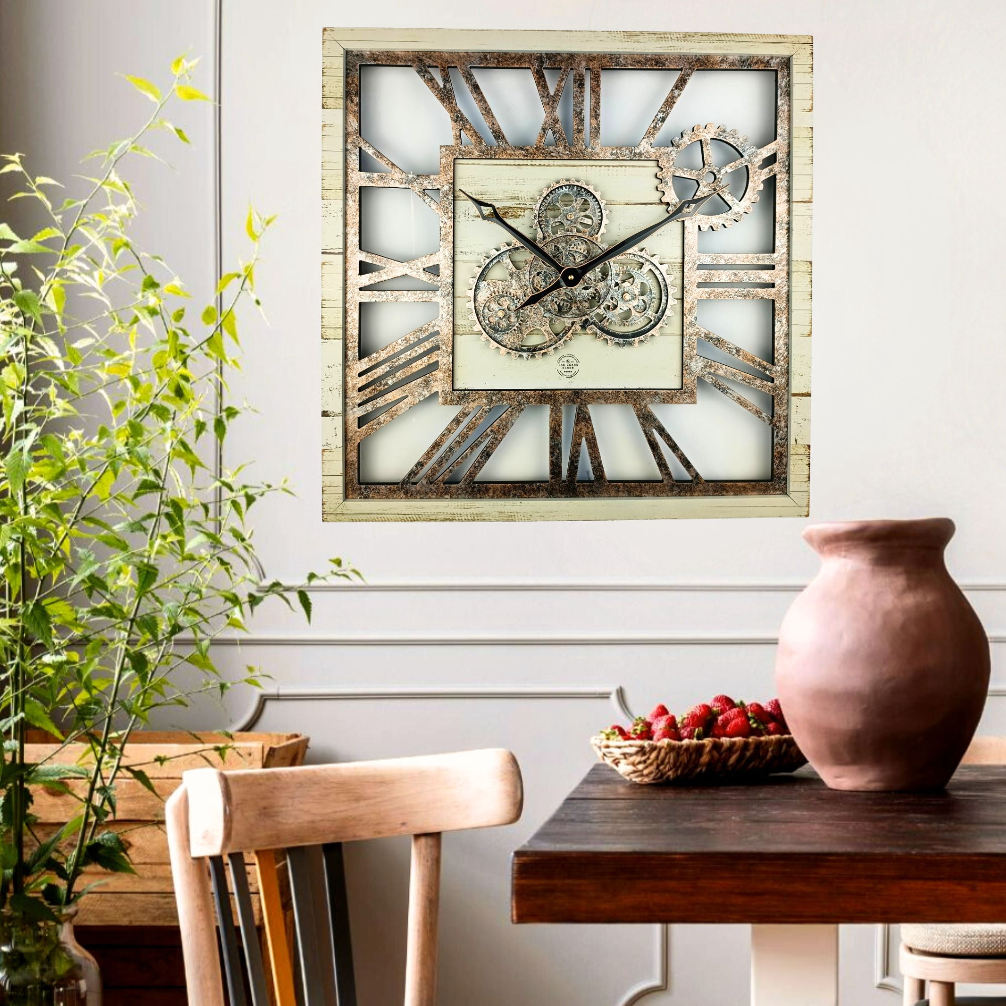 THE GEARS CLOCK Wall Clock with Real Moving Gears AM-LI_ 24 in Square Desert-Beige