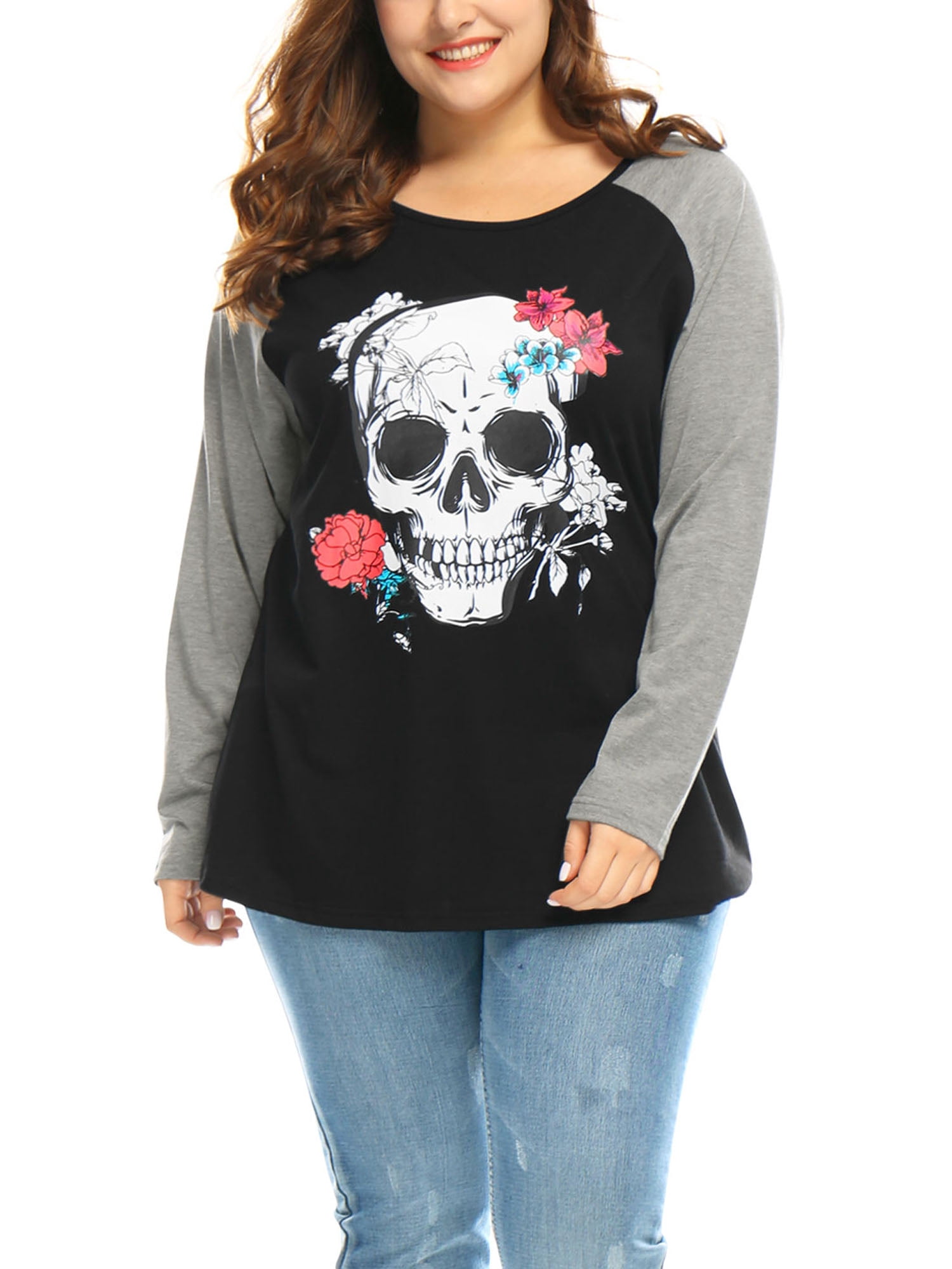 Unique Bargains Women's Plus Long Sleeve Scoop Neck Floral Skull Tops 1X Black