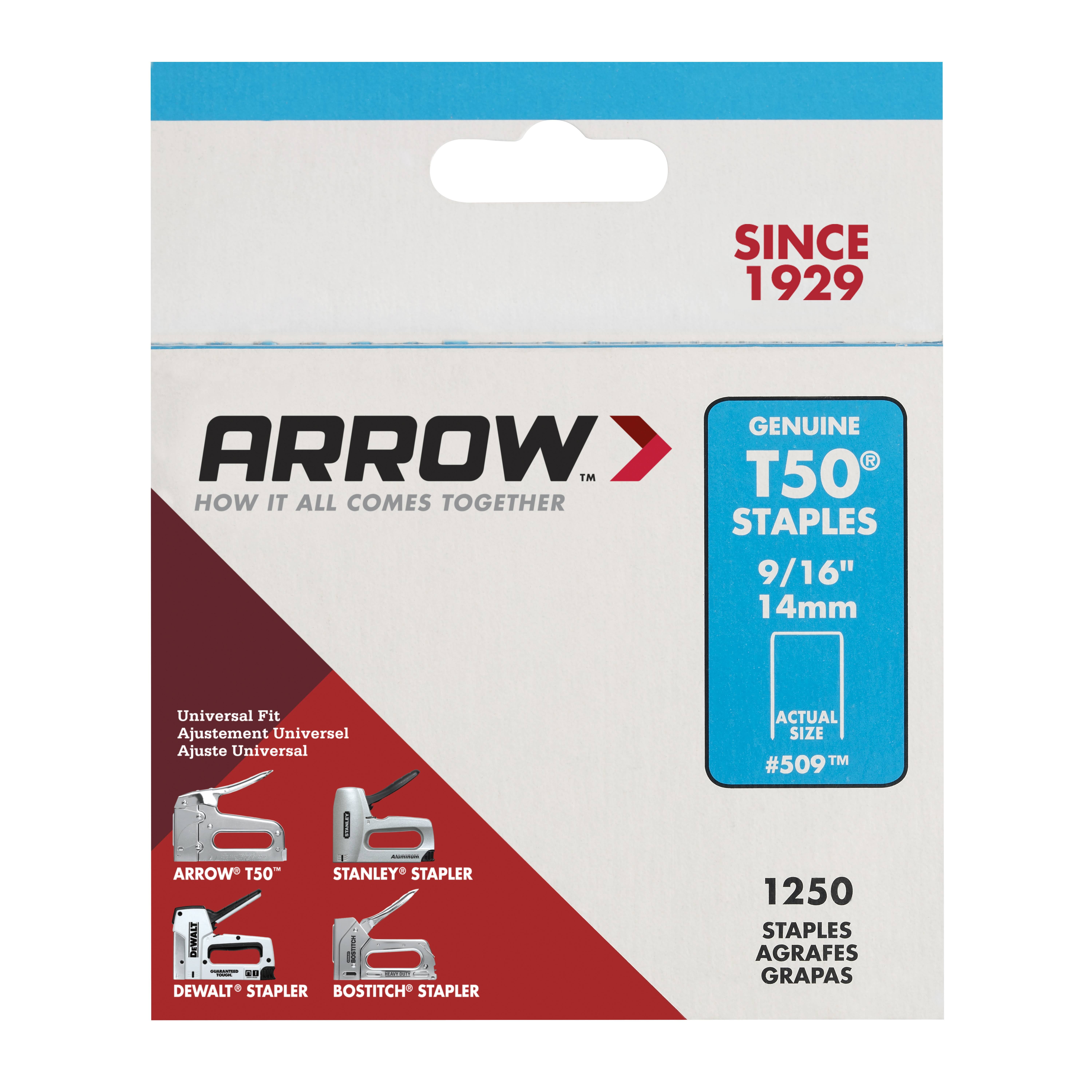 Arrow #509 Type T50 Staples 1,250 Pack 9//16/" 14 MM 2 Available
