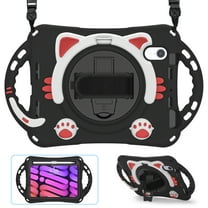 ELEHOLD Kids Case for iPad Mini 6, Cute Cat Design Heavy Duty Rugged Case with Kickstand Handstrap Shoulder Strap Pencil Holder Shockproof Case For iPad mini (6th Generation),Blackred