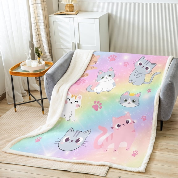 Rainbow Cat Throw 50"X60" Throw Blanket Bed, Cute Cats Fleece Blanket Women Pastel Gradient Glitter Stars Cat Sherpa Blanket Cartoon Animal Kitten Paw Fuzzy Blanket Colorful