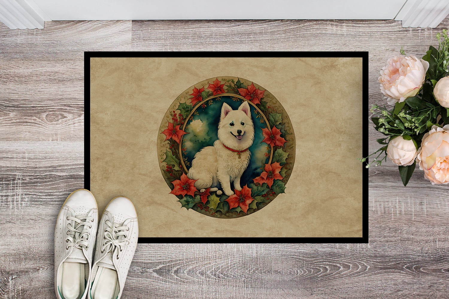 Carolines Treasures DAC2382MAT 18 x 27 in. Unisex Japanese Spitz Christmas Flowers Doormat