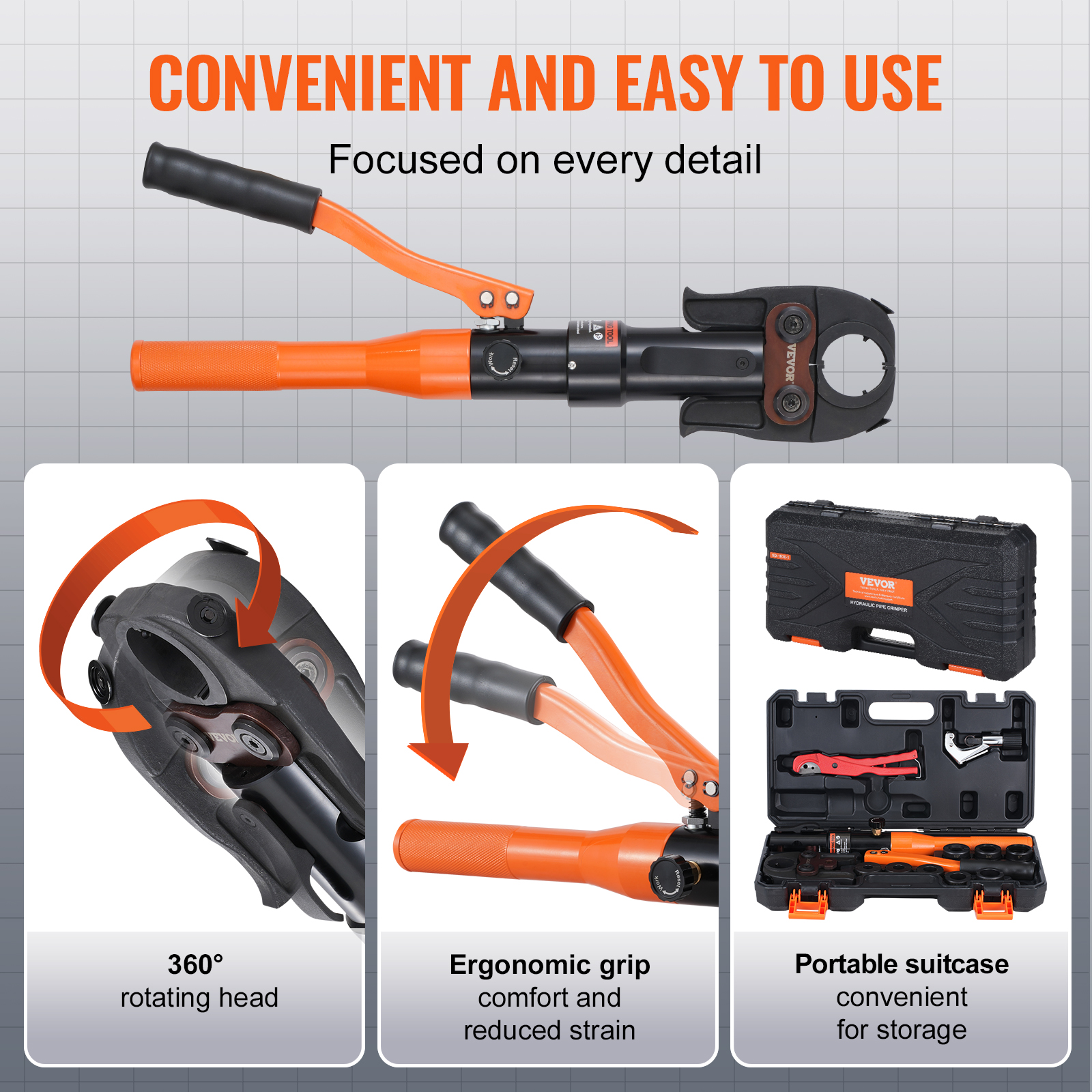 VEVOR Copper Pipe Crimping Tool, Hydraulic Driven Press Tool with 1/2", 3/4", 1" Jaws, Copper Tube Fittings Pipe Crimpers for Narrow Spaces and Tee Fittings