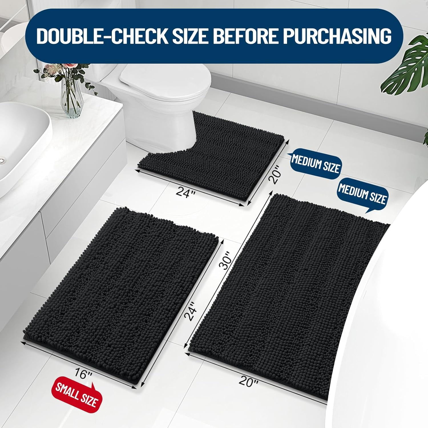 Chenille Striped Bathroom Rugs 24x16, Extra Thick and Absorbent Bath Rugs, Non-Slip Soft Plush Shaggy Bath Carpet, Machine Wash Dry, Bath Mats for Bathroom, Black