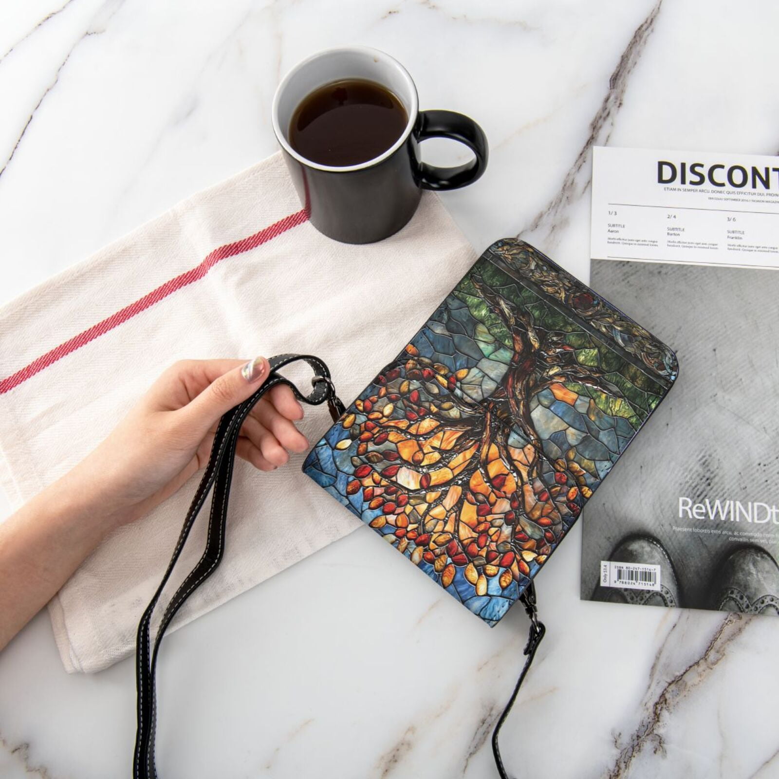 Trees Stained Glass Art Cell Phone Purse Small Crossbody Bag with Strap Credit Card Slots Leather Shoulder Wallet for Women