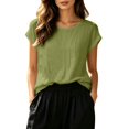 thumbnail image 2 of NTACZA Casual Ladies Summer Tops Tee Cotton And Linen Solid Classic T-Shirt Crew Neck Rolled Short Sleeve Relaxed Fit Vacation Green L, 2 of 6