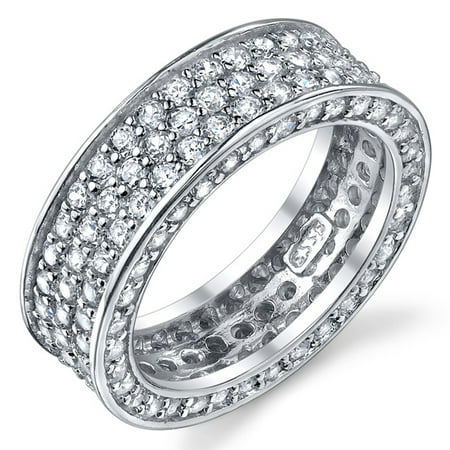 Sterling Silver Wedding Band Bridal Ring 3 Row Pave Set Cubic Zirconia Eternity Ring