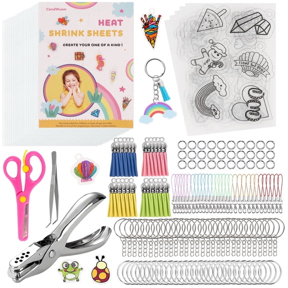 CandWuom Shrinky Dink Sheets Paper Keychains Making Kit for Girl, 168Pcs Shrink Plastic Kit for Kids Creative Craft Marking