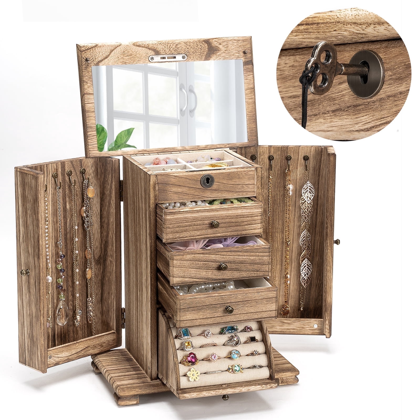 Jewelry Boxes for Women, 5 Layer Large Wooden Jewelry Boxes & Organizers with Lock for Necklaces Earrings Rings Bracelets, Rustic Brown