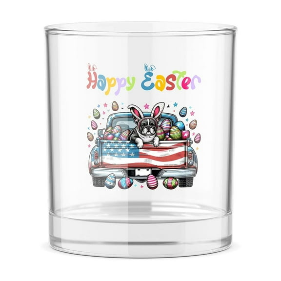 Happy Easter French Bulldog American Flag Truck Bunny Ears 11oz Whiskey Glass Mug Dog Lover Gifts Whiskey Cocktail Glasses Cup - 03001