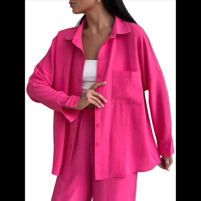 Conjuntos de 2 Piezas para Mujer: Conjuntos Casuales de Salón, Camisas de Larga con Botones y Pantalones de Pierna Rosa Roja L