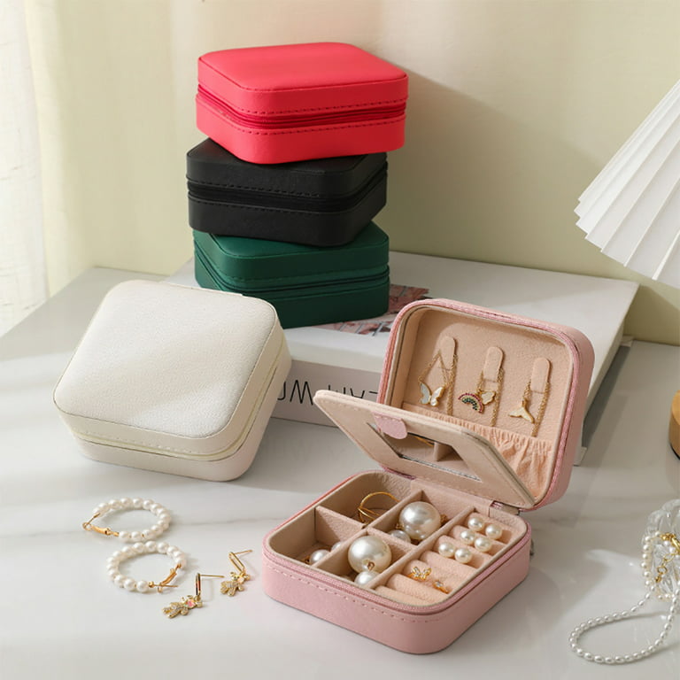 Joefnel Travel Jewelry Box Organizer, Leather Jewelry Case for Women Girls,  Small Earring Organizer with Mirror, Travel Essentials, Pink 