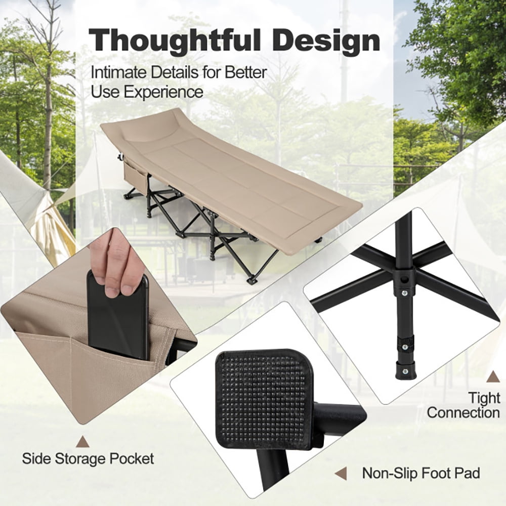 Aimee Lii Folding Camping Cot with Carry Bag Cushion and Headrest, Outdoor Portable Camping Bed for Sleeping Hiking Travel, Khaki