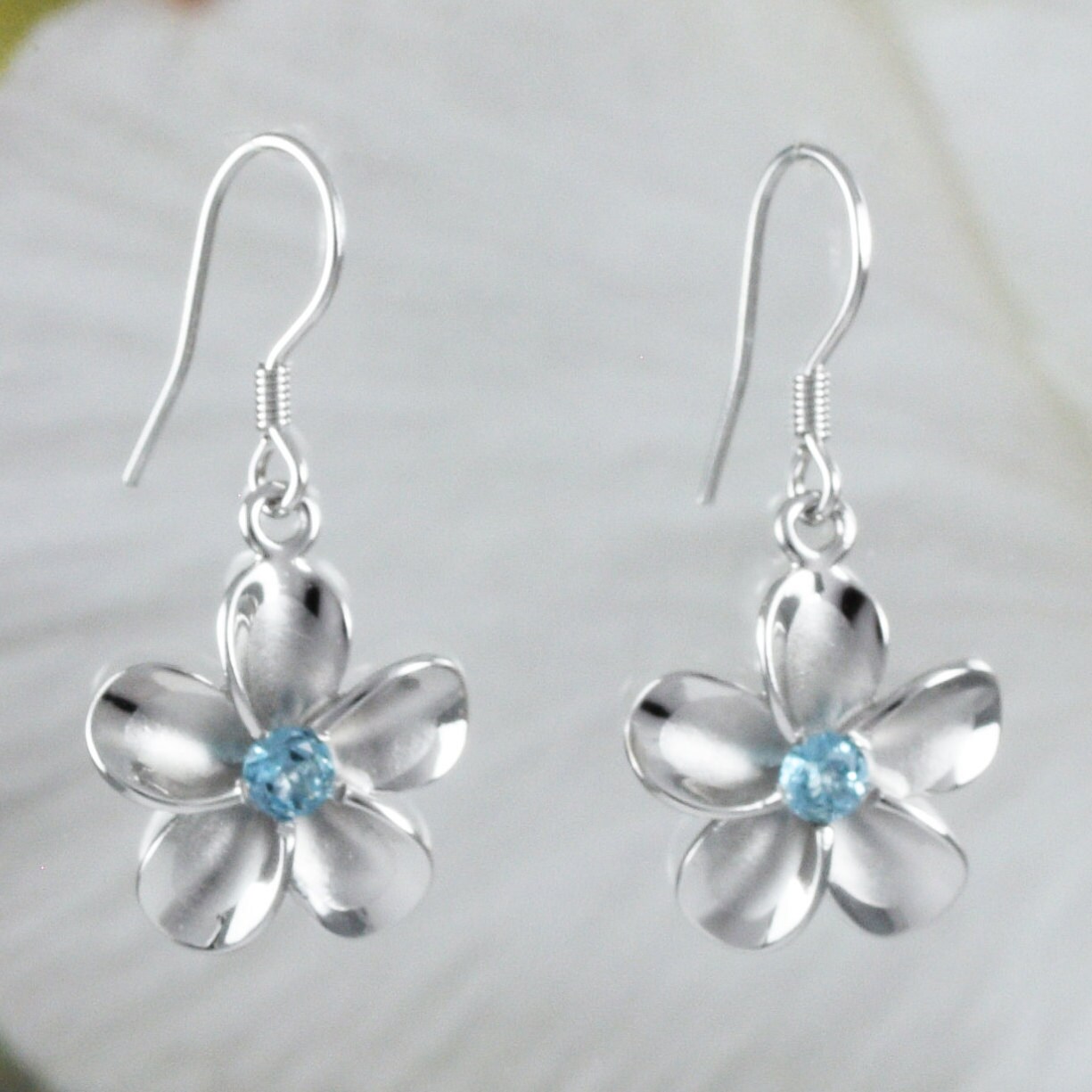 Beautiful Hawaiian Genuine Blue Topaz Plumeria Earring, Sterling Silver