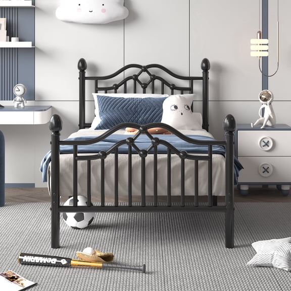Twin Size Metal Platform Bed Frame, Heavy Metal Bed with Headboard and Footboard, Under-Bed Storage, No Box Spring Needed, Black