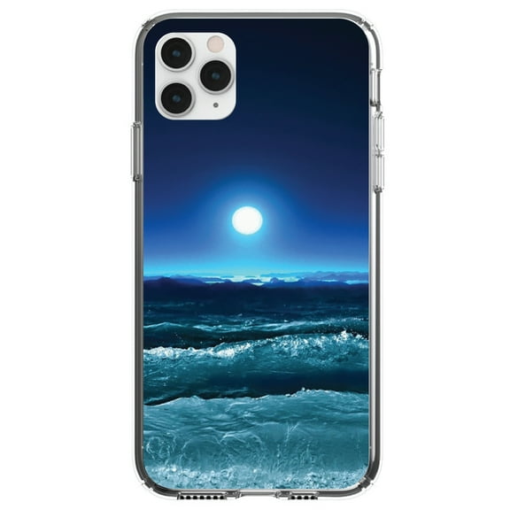 DistinctInk Clear Shockproof Hybrid Case for iPhone 11 Pro (5.8" Screen) - TPU Bumper, Acrylic Back, Tempered Glass Screen Protector - Moonlit Ocean Waves