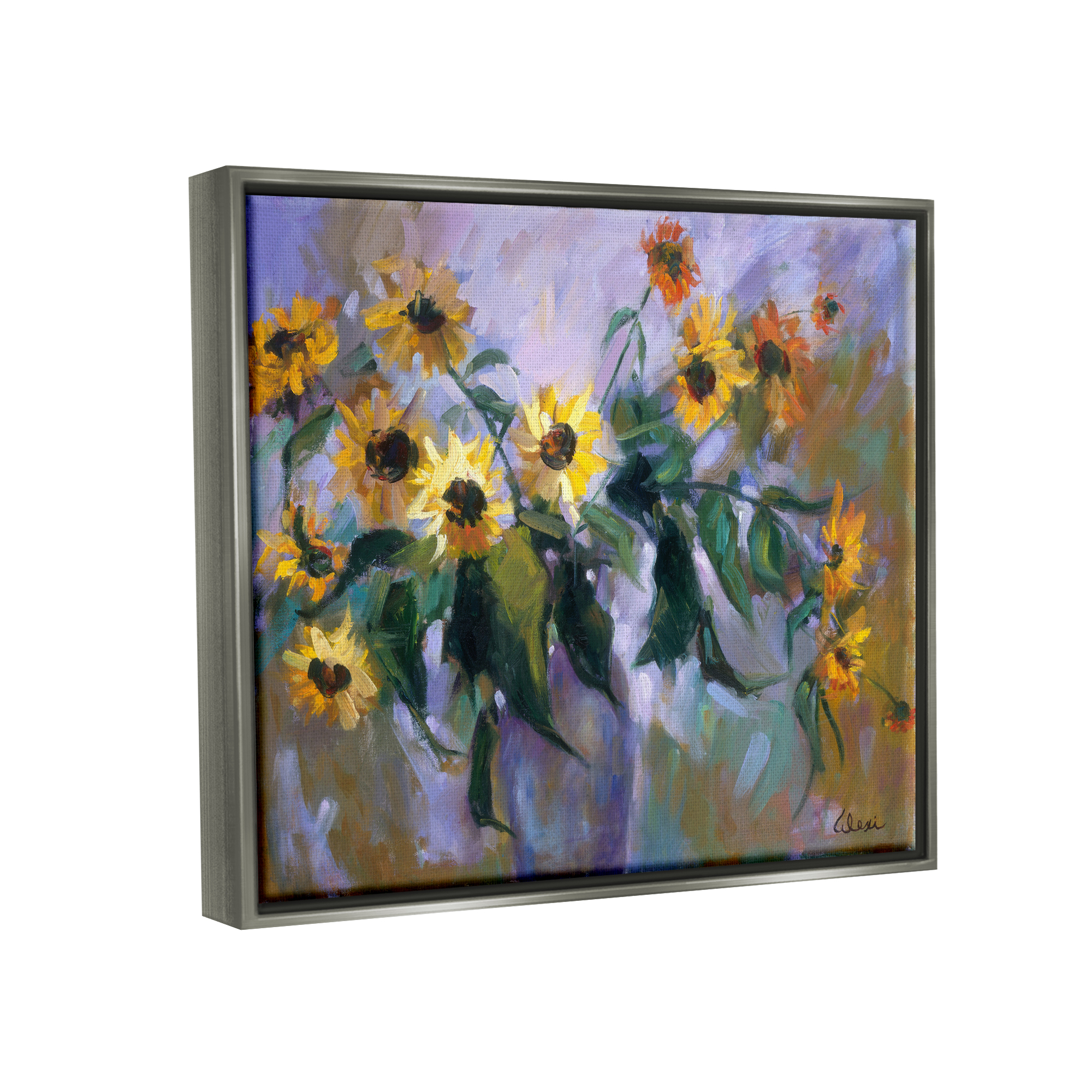 Stupell Industries Purple Sunflowers Painting Botanical & Floral Painting Gray Floater Framed Canvas Art Print Wall Art, 31 x 25