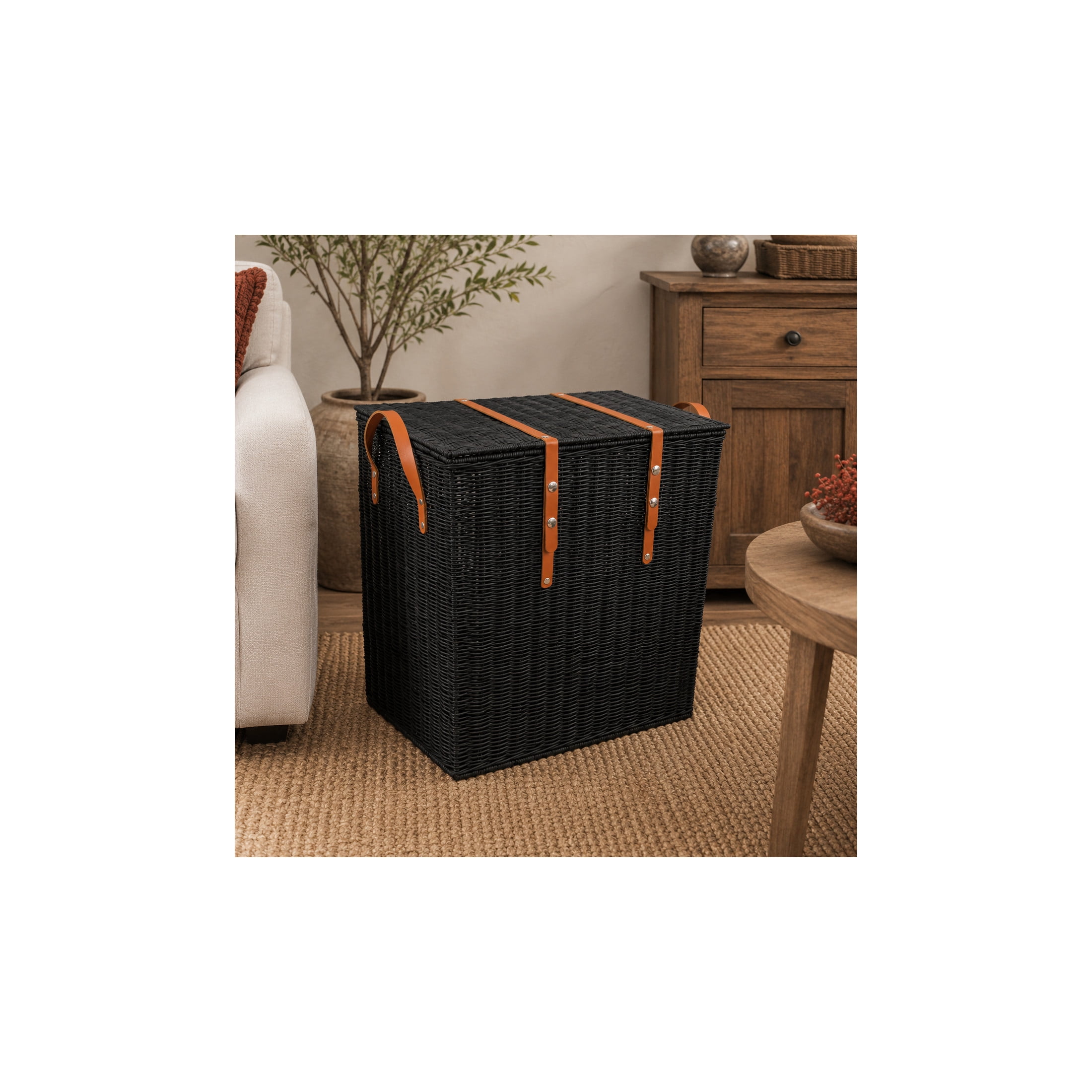 DecMode 20" x 21" Black Rattan Handmade Woven Storage Basket with Brown Leather Handles, 1-Piece