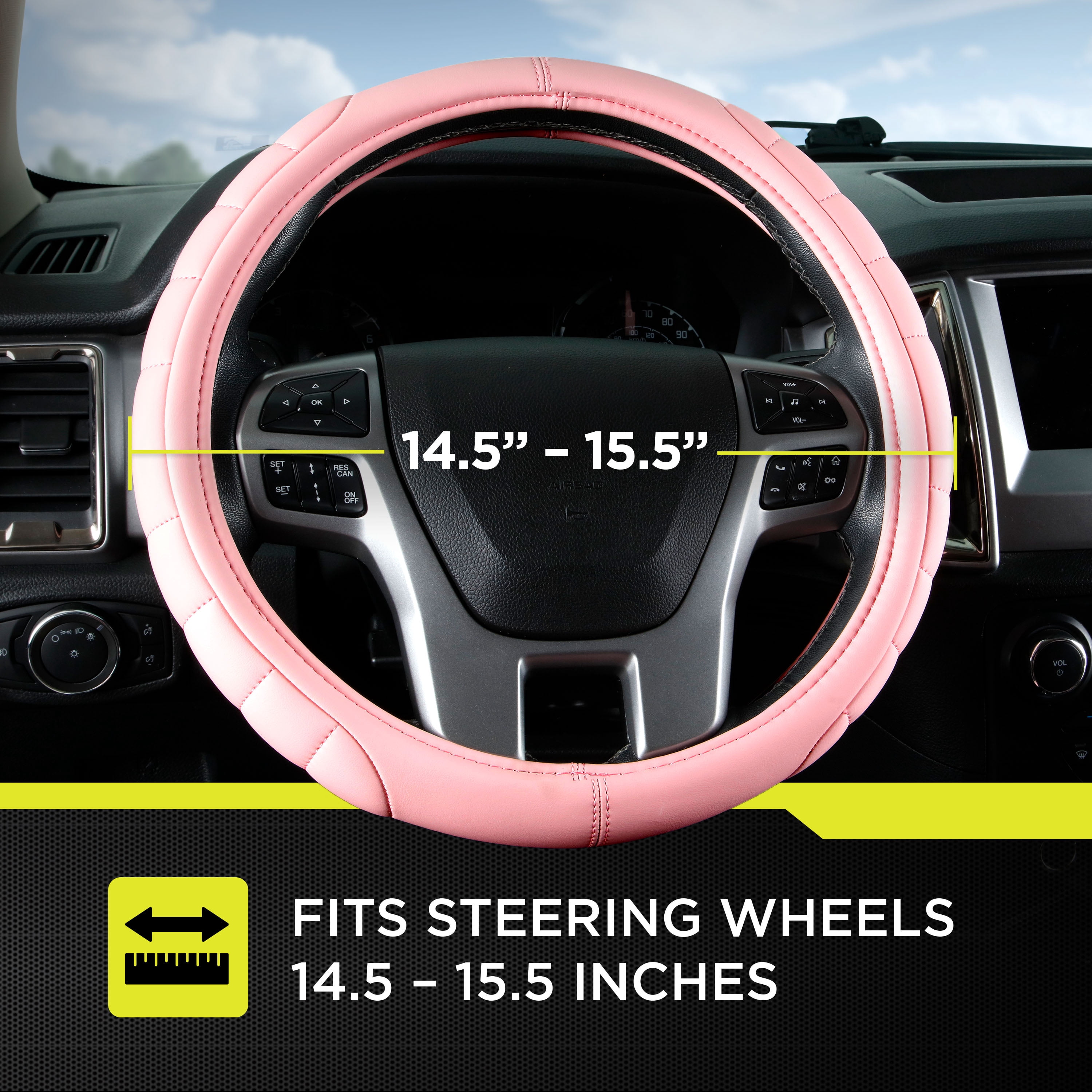 Auto Drive Soft Pink Faux Leather Quilted Steering Wheel Cover, Multiple Colors